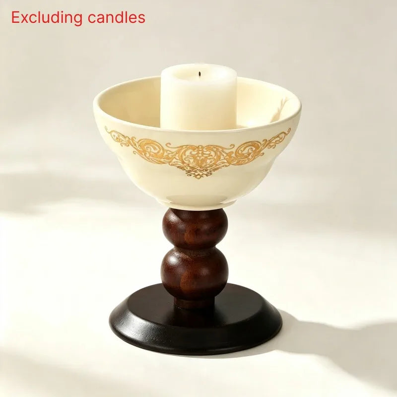 Decorative Ceramic Tea Light Candle Holder With Wooden Pedestal Base