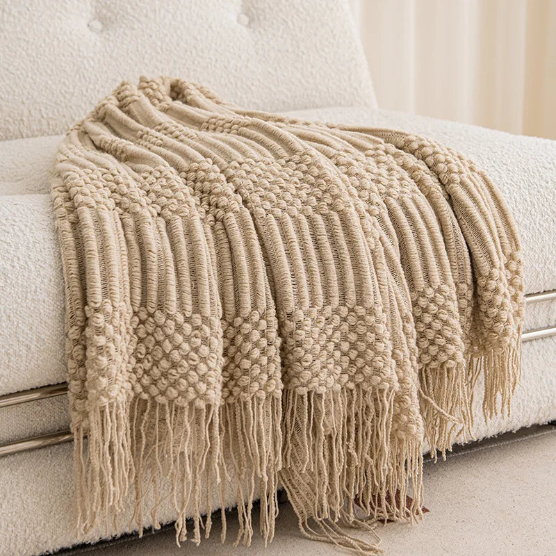 Knit Throw Blanket With Tassels All Acrylic Vintage Farmhouse