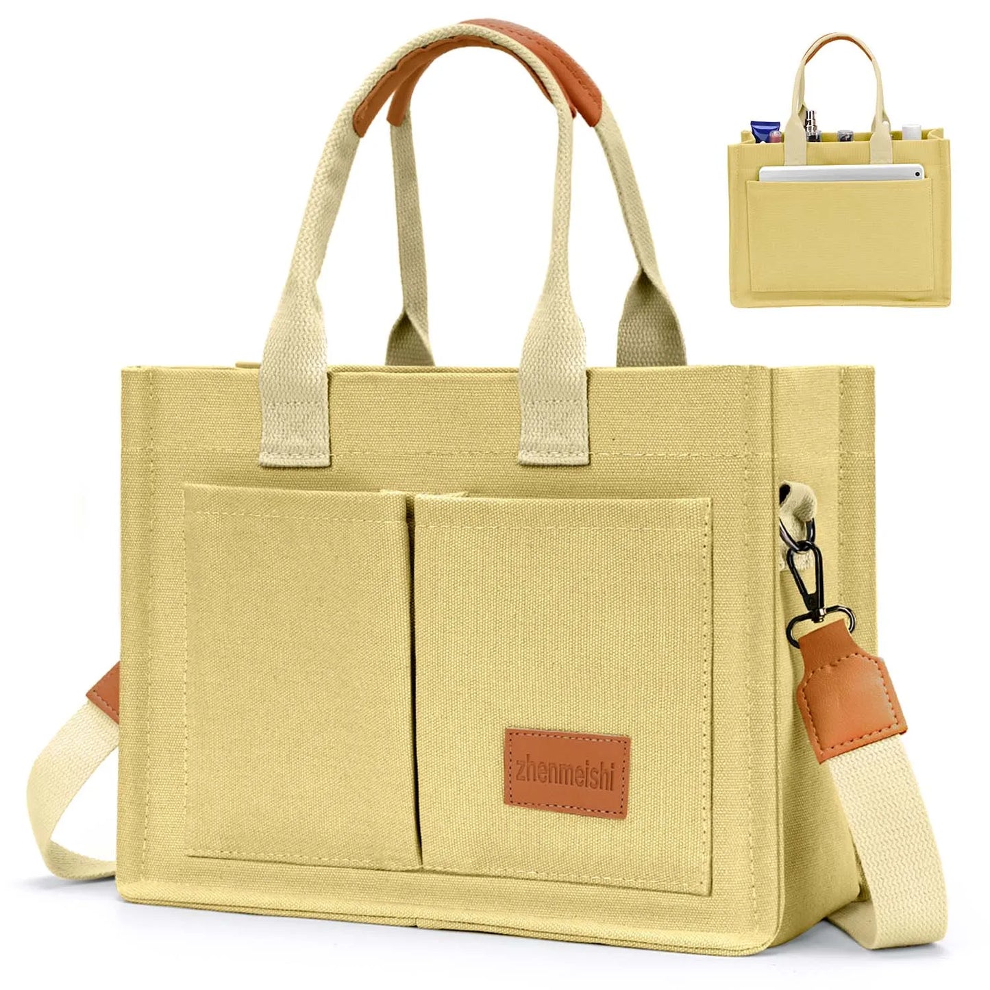 Canvas Tote Bag For Women With Pockets Crossbody Shoulder Bag