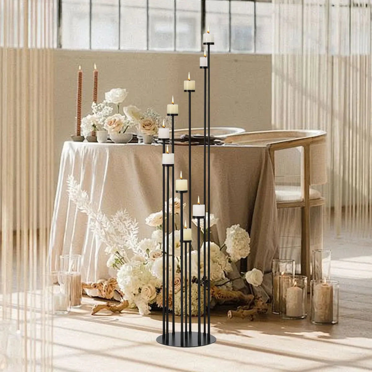 Elegant Metal Floor Candle Holders Nine Arm Taper Centerpiece Stand