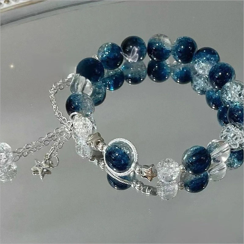Women Vintage Elastic Beaded Bracelet With Crystal Feather Pendant