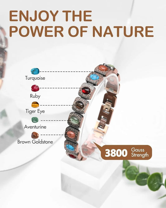 Copper Magnetic Bracelet With Turquoise And Stones Adjustable