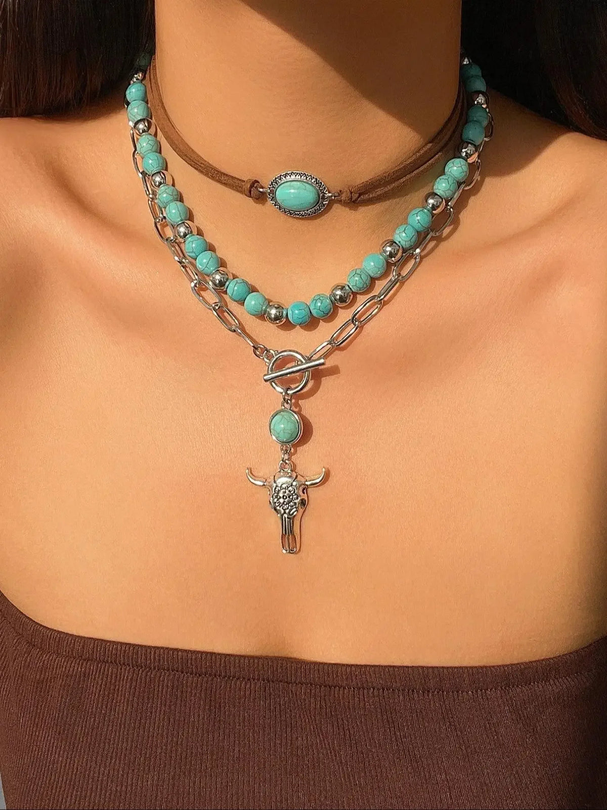 Three Piece Bohemian Layered Necklace Set Western Beaded Chain