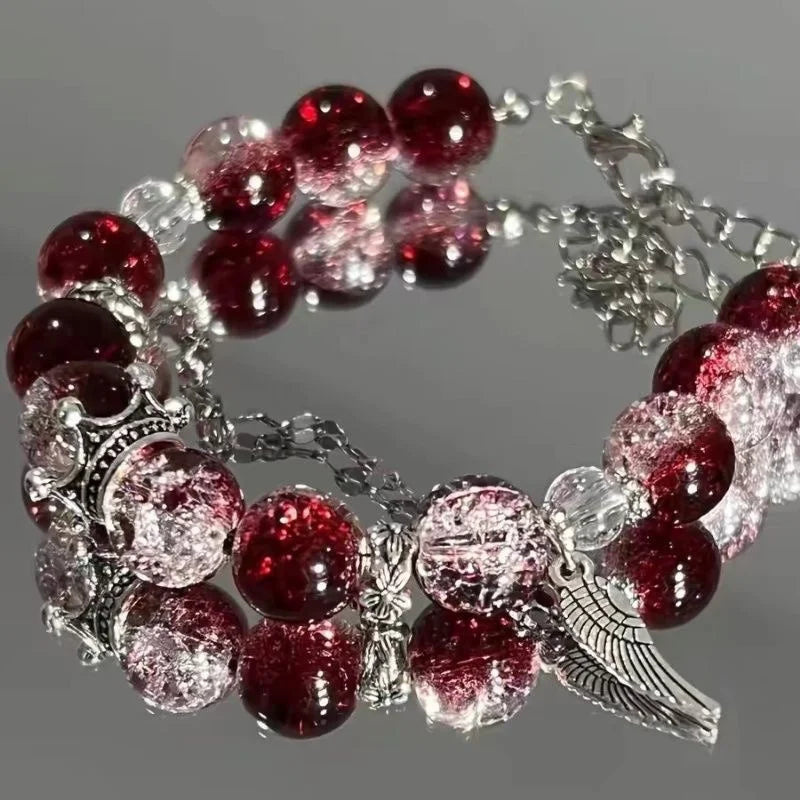 Women Vintage Elastic Beaded Bracelet With Crystal Feather Pendant