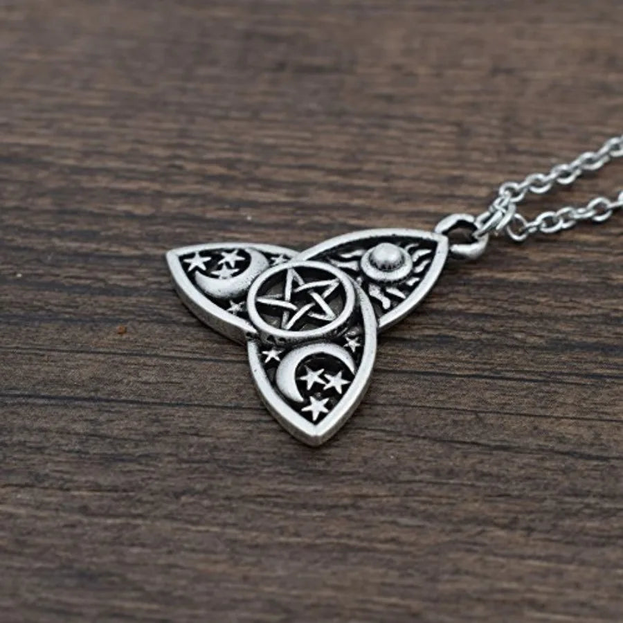 Triple Moon Goddess Triquetra Pentacle Necklace Stainless Steel
