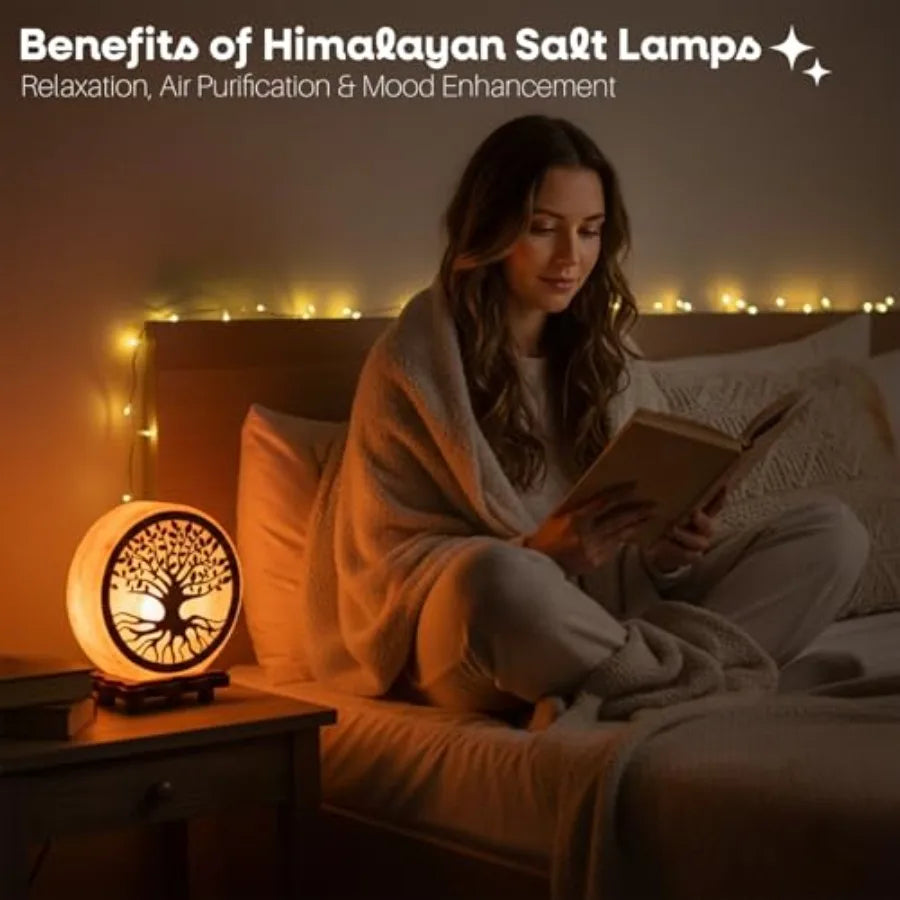Himalayan Salt Lamp With Tree Of Life Design On Wooden Base