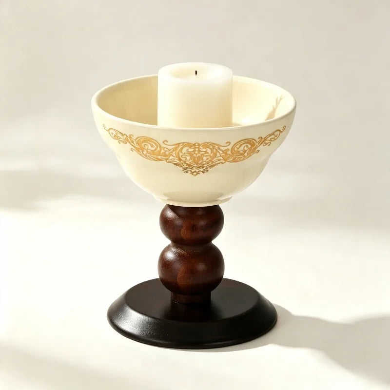 Decorative Ceramic Tea Light Candle Holder With Wooden Pedestal Base