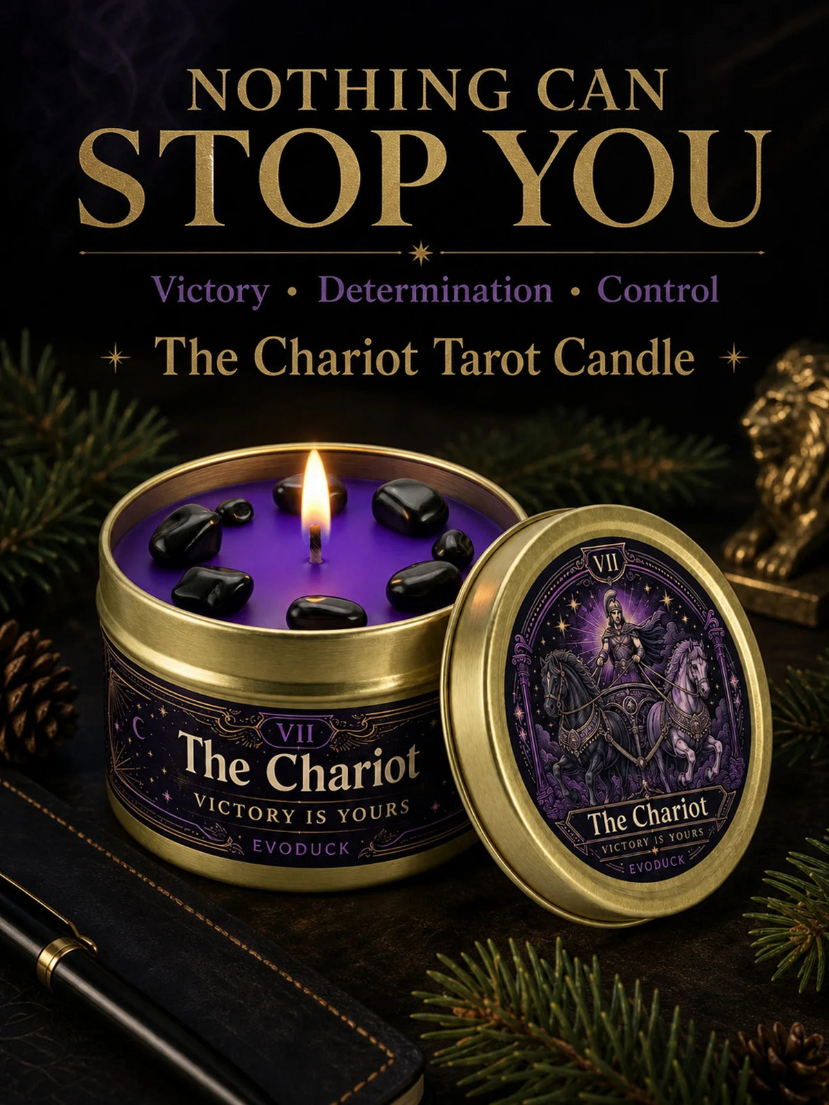 Evoduck Chariot Tarot Scented Candle With Natural Crystal Stones