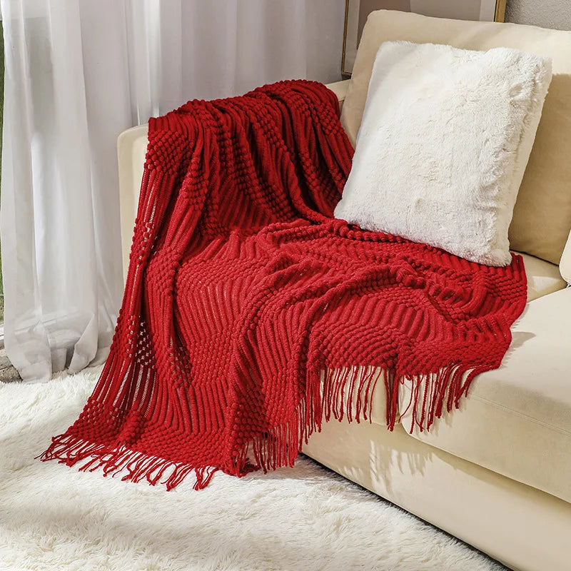 Knit Throw Blanket With Tassels All Acrylic Vintage Farmhouse