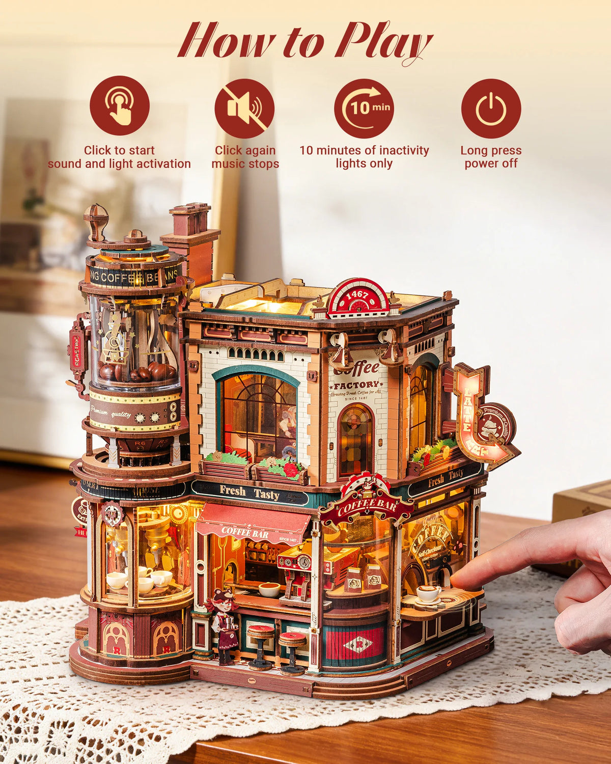 ROKR Wooden 3D Puzzle Dream Coffee Factory Music Box Kit