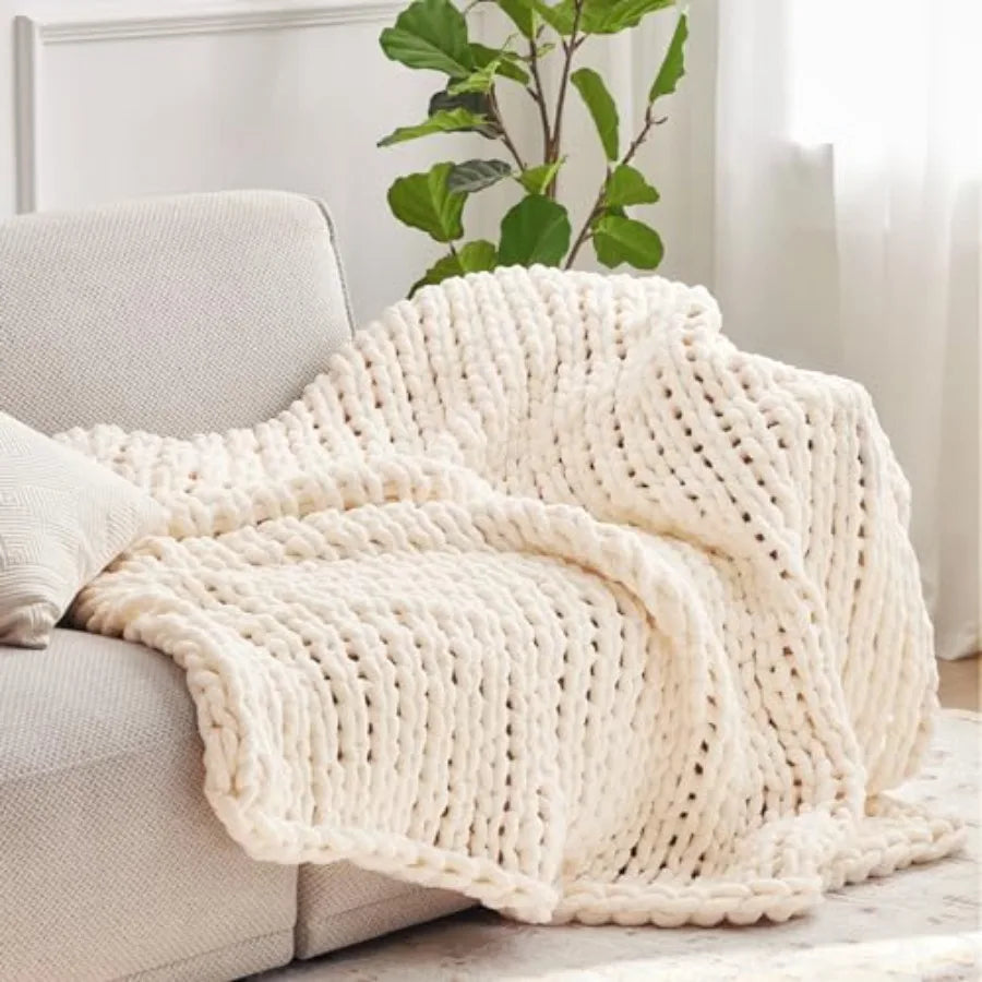 Chunky Knit Throw Blanket Chenille Yarn Handmade Cozy