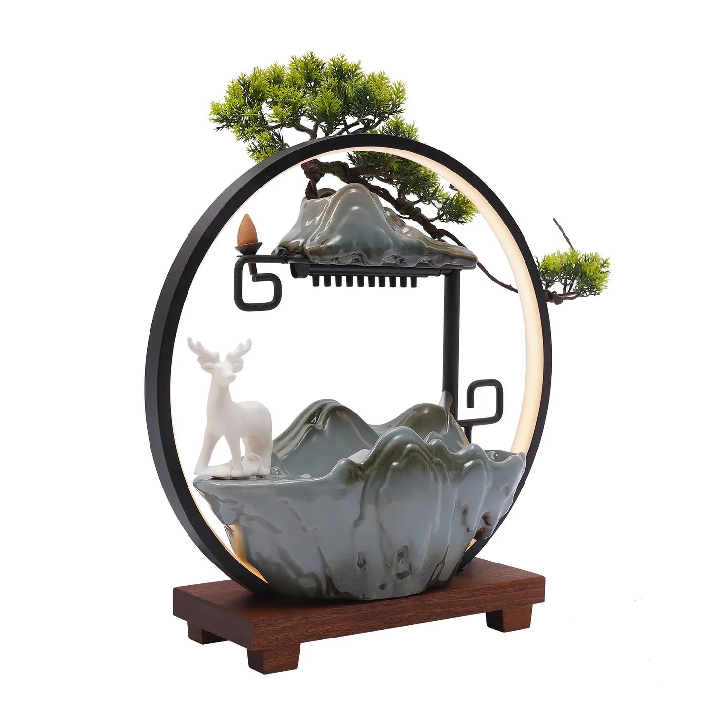 Ceramic Tabletop Fountain With Mist, LED Lighting, Deer Figurine And Pine Branches