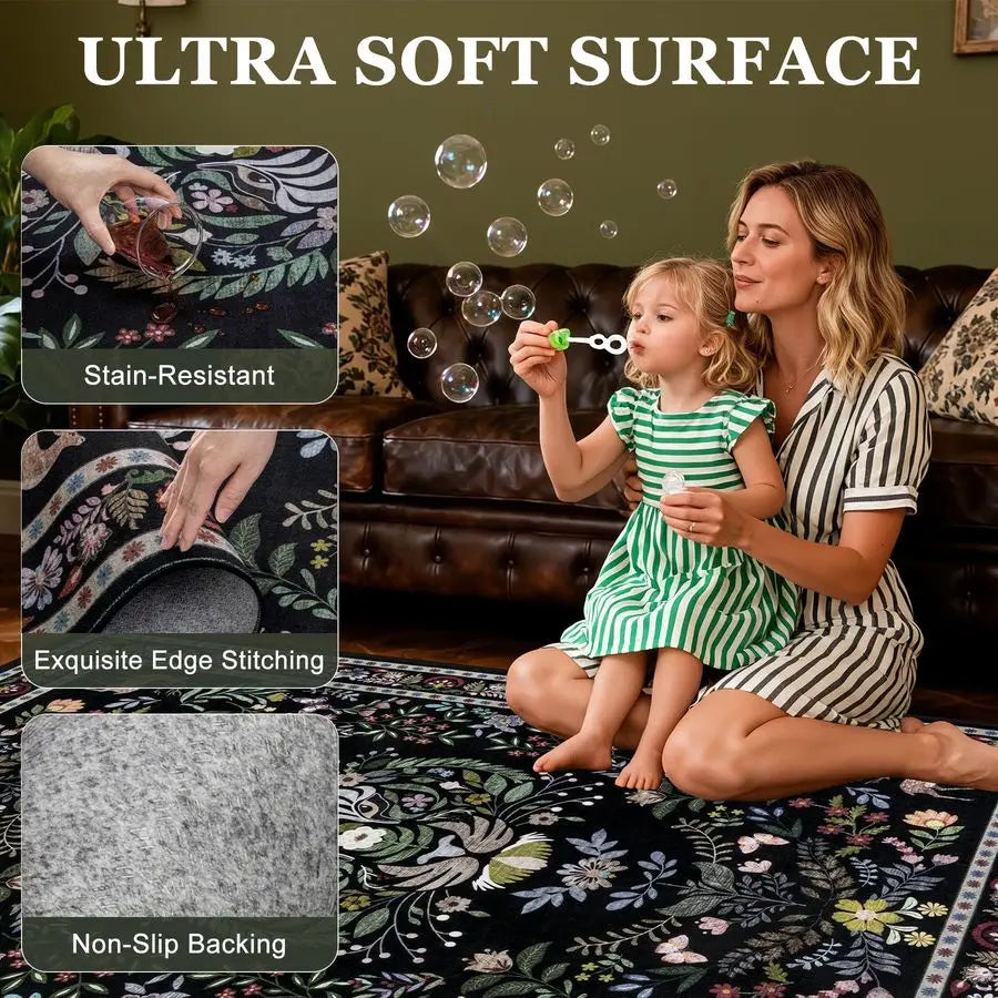 Boho Floral Living Room Rug, Washable, Stain Resistant, Non Slip