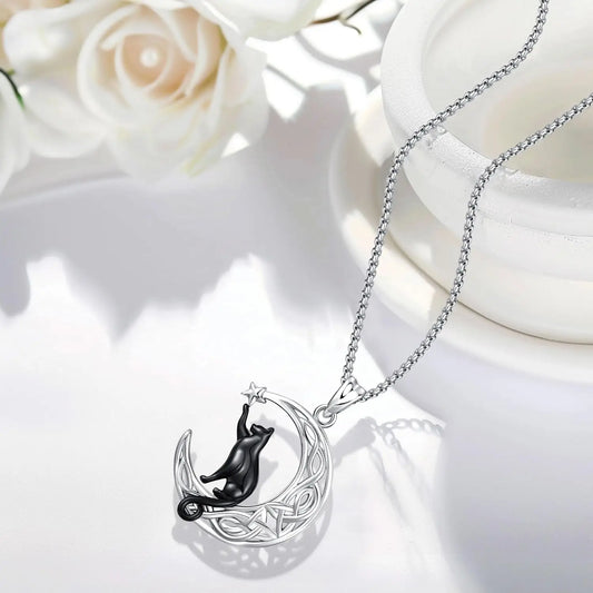 DRINSPER Black Cat Celtic Knot Necklace 925 Sterling Silver Pendant