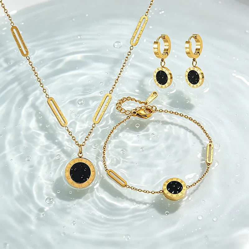 GDKL Roman Numeral Pendant Stainless Steel Jewelry Set Bracelet Earrings