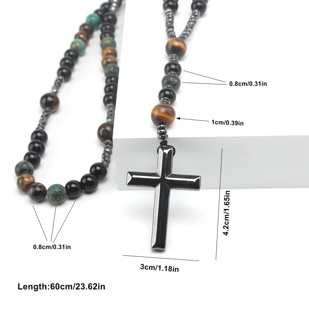 Natural Stone Africa Turquoise And Tiger Eye Beads Cross Necklace
