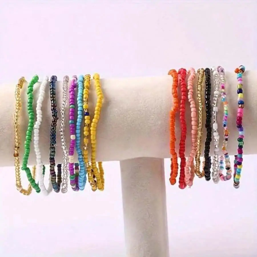 Bohemian Glass Bead Bracelets 17 Pcs Set Unisex Assorted Colors