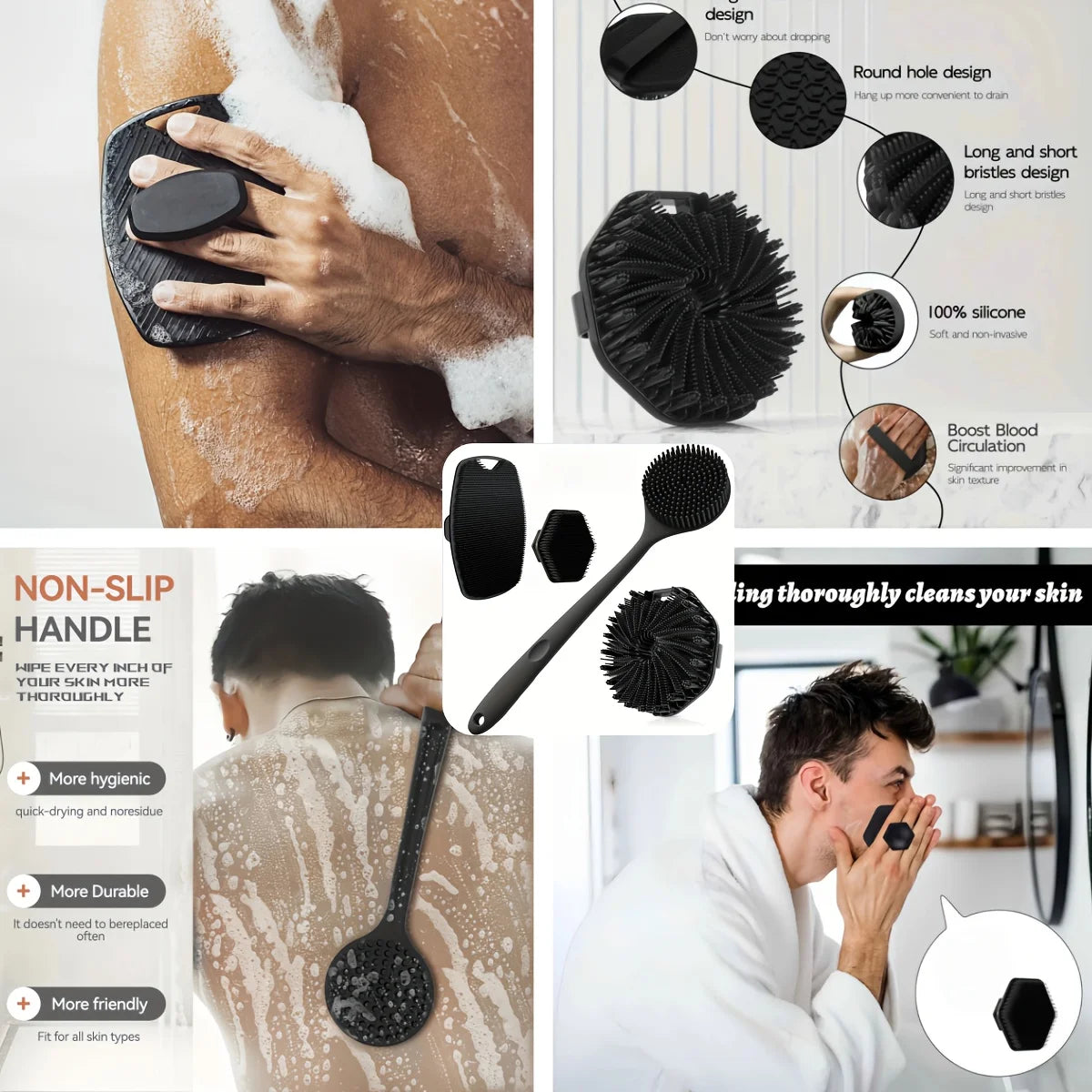 Bath Brush Set 4-Piece Soft Silicone Non-Slip Handle
