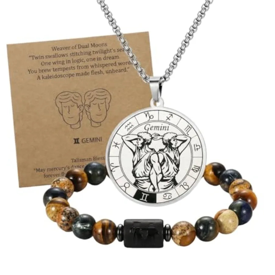 Zodiac Constellation Jewelry Set Stainless Steel Necklace and Stone Bracelet