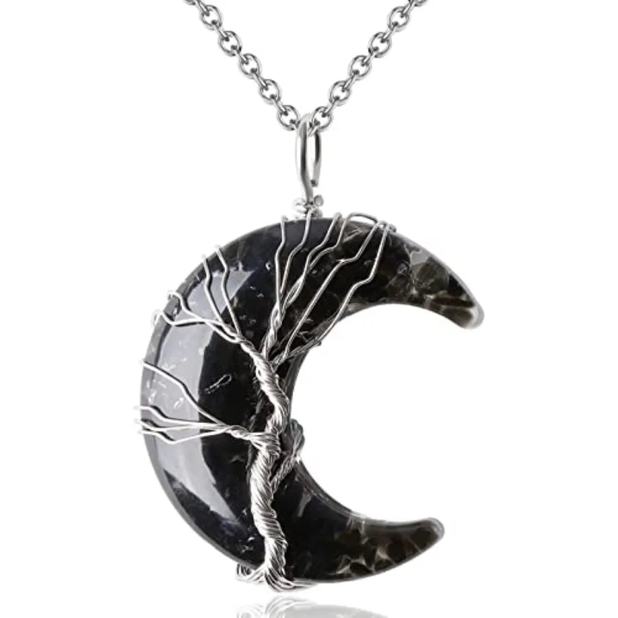 Healing Crystal Tree Life Crescent Moon Wire Wrapped Necklace