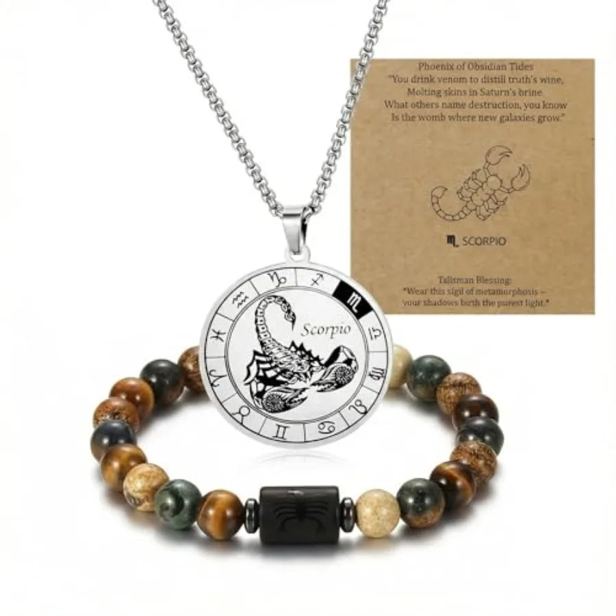 Zodiac Constellation Jewelry Set Stainless Steel Necklace and Stone Bracelet