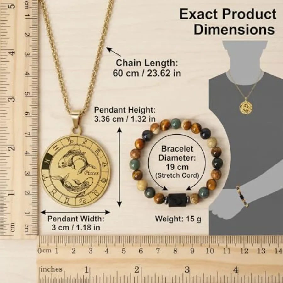 Zodiac Constellation Jewelry Set Stainless Steel Necklace and Stone Bracelet