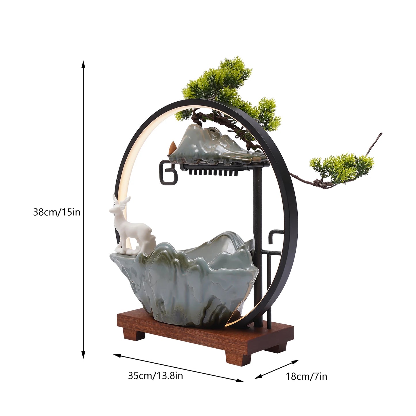 Ceramic Tabletop Fountain With Mist, LED Lighting, Deer Figurine And Pine Branches