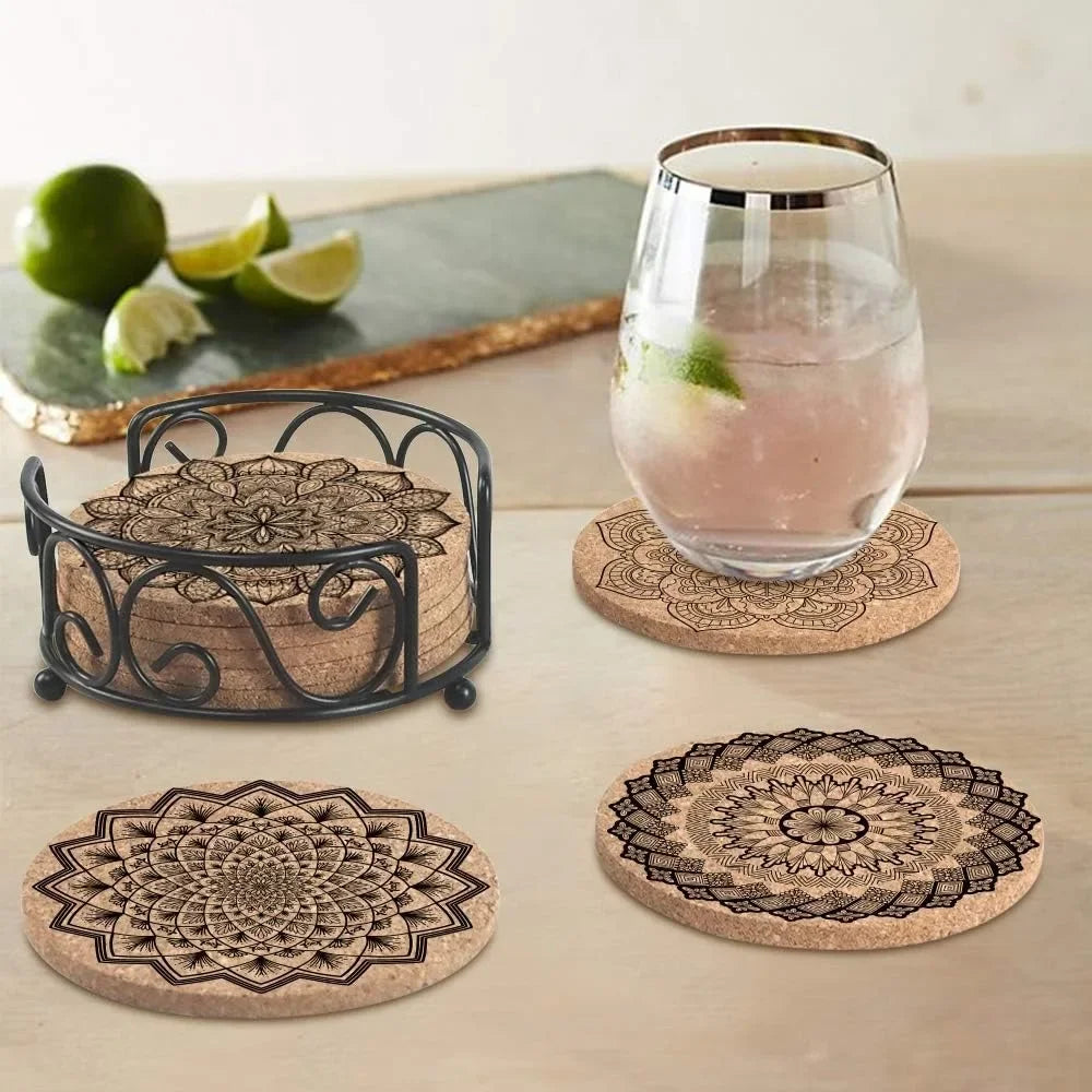Absorbent Cork Coaster Set With Holder For Drinks Housewarming Gift