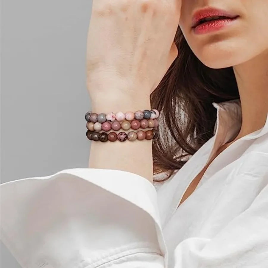 Healing Crystal Bracelets Set Pink Zebra Jasper, Rhodochrosite, and Rhodonite Stone Beaded Unisex Stretch