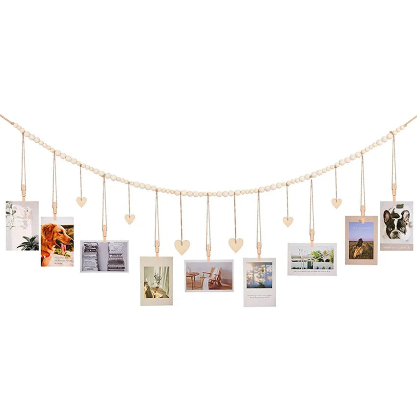 Wooden Bead Garland Hanging Photo Display Boho Wall Decor