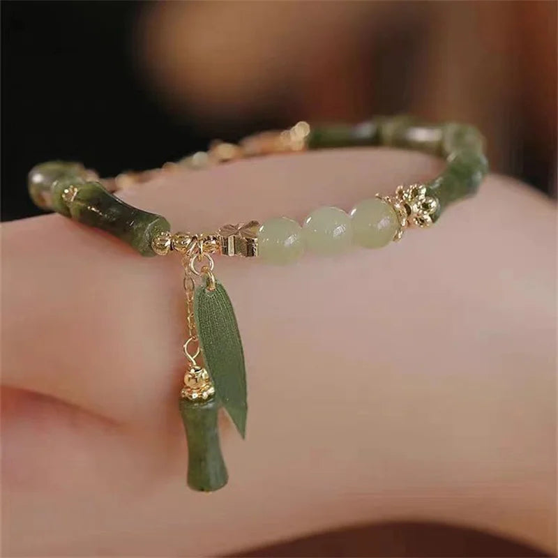 Handmade Bamboo Joint Leaves Tassel Beaded Strand Bracelet For Women