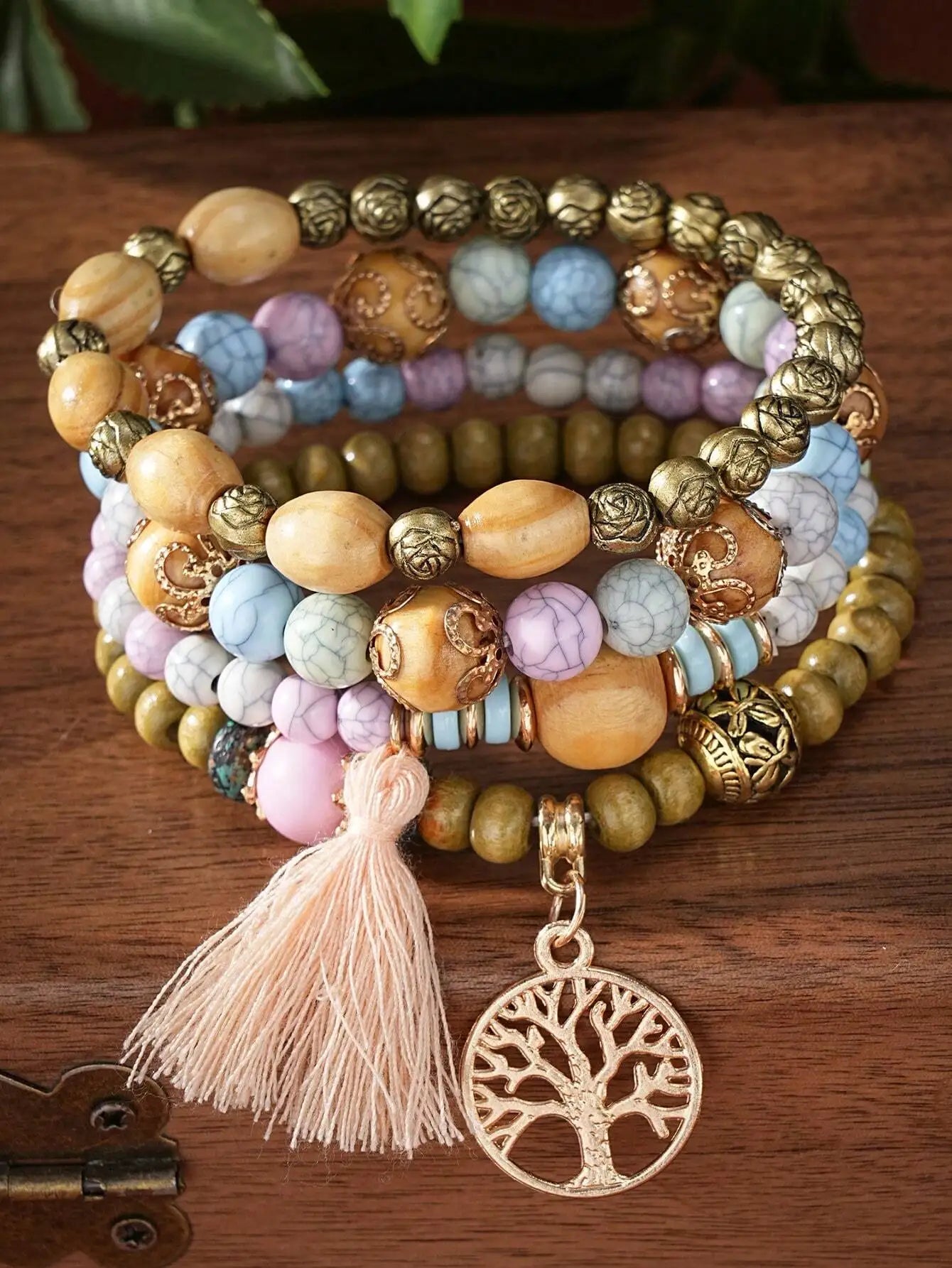 4pcs/Set Boho Style Life Tree Tassel Pendant Multi-Layer Wooden Beads Bracelet