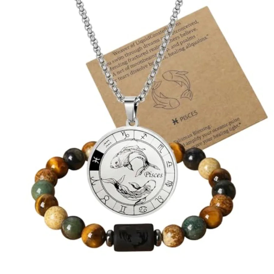 Zodiac Constellation Jewelry Set Stainless Steel Necklace and Stone Bracelet