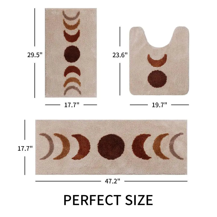 Moon Phase Non Slip Microfiber Bath Rug Set 3 Piece UShaped Toilet Mat