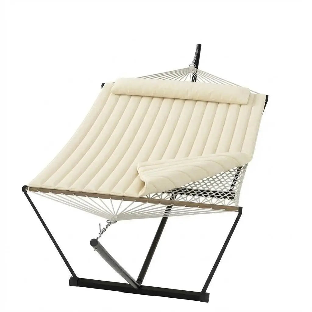 Double Outdoor Hammock For Two With Cushion And Foldable Steel Stand – Portable Heavy Duty