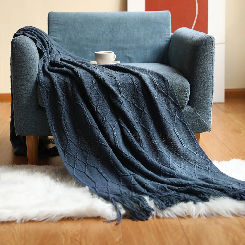 Knit Throw Blanket With Tassels All Acrylic Vintage Farmhouse