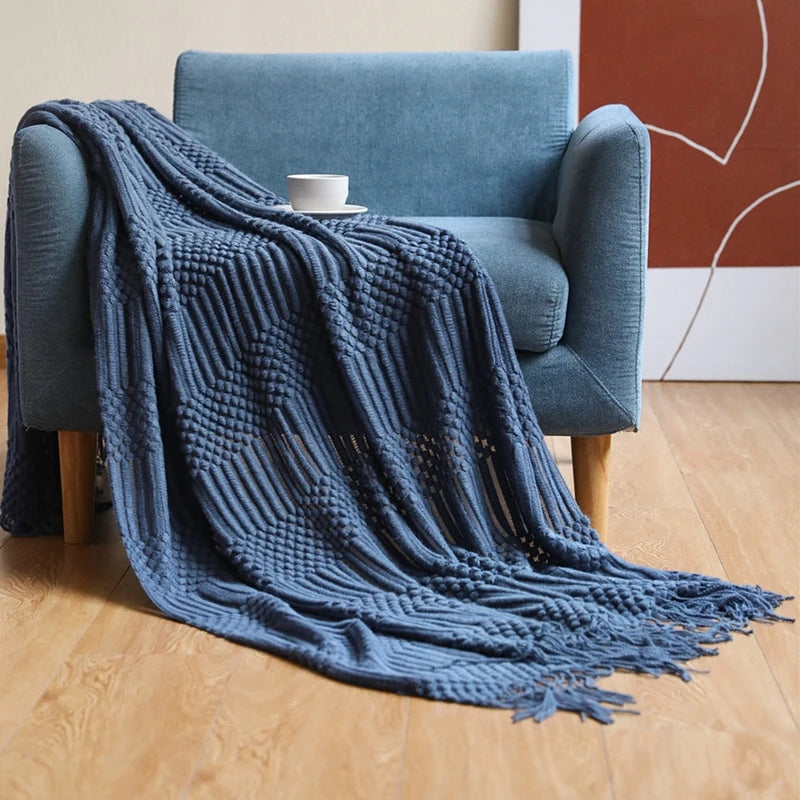 Knit Throw Blanket With Tassels All Acrylic Vintage Farmhouse