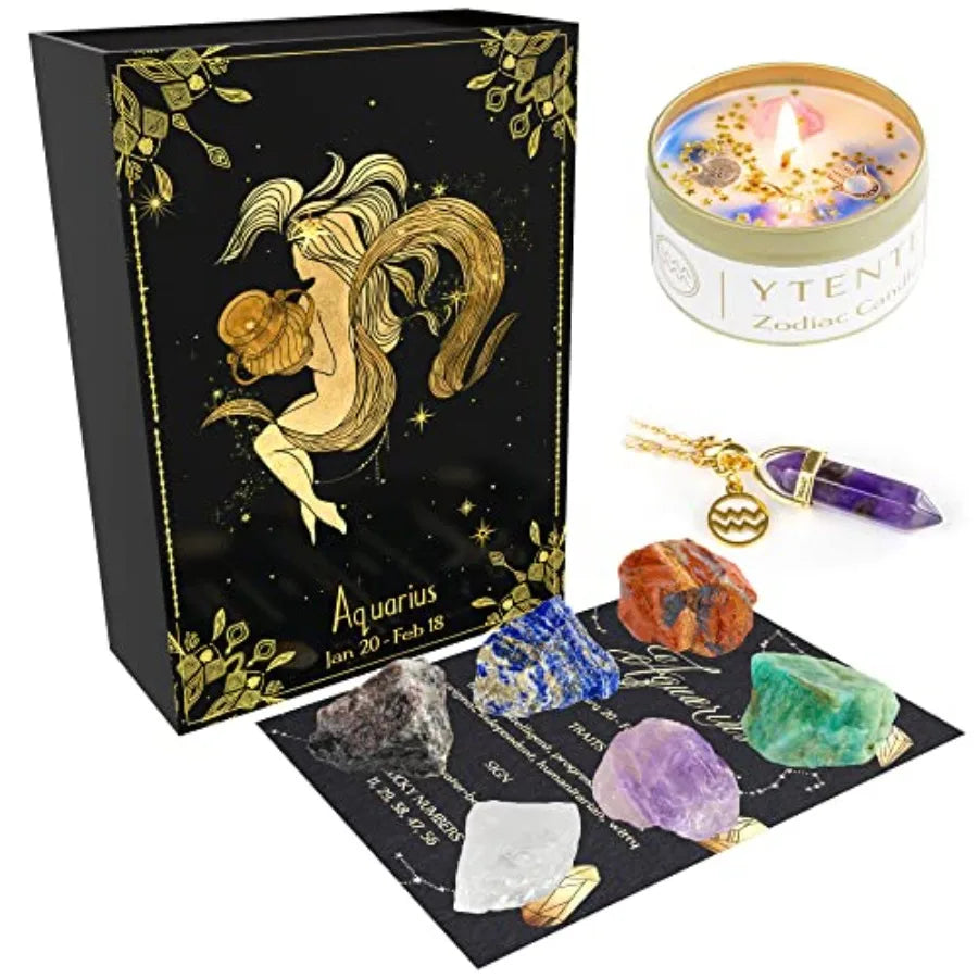 Crystals Healing Stone Gift Set With Soy Wax Zodiac Candles