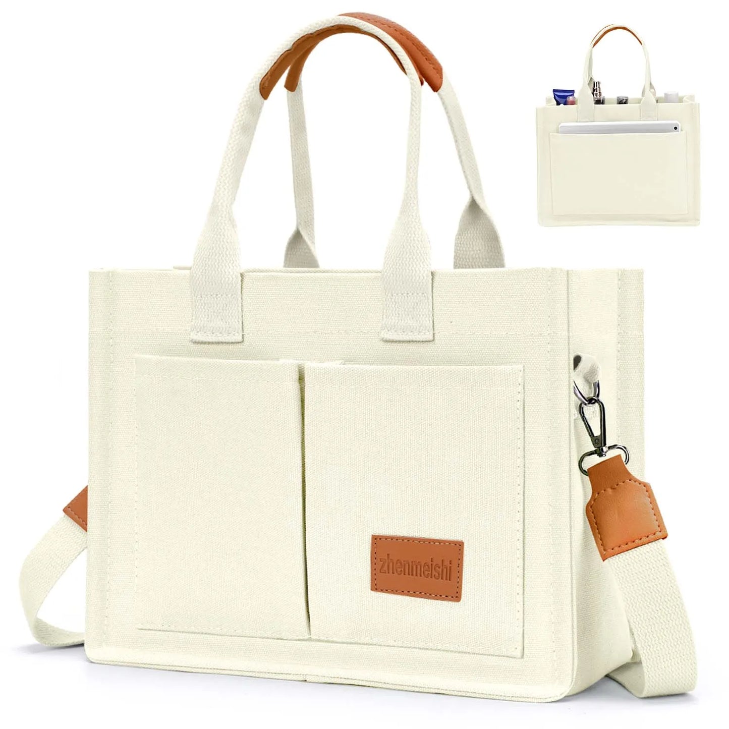 Canvas Tote Bag For Women With Pockets Crossbody Shoulder Bag
