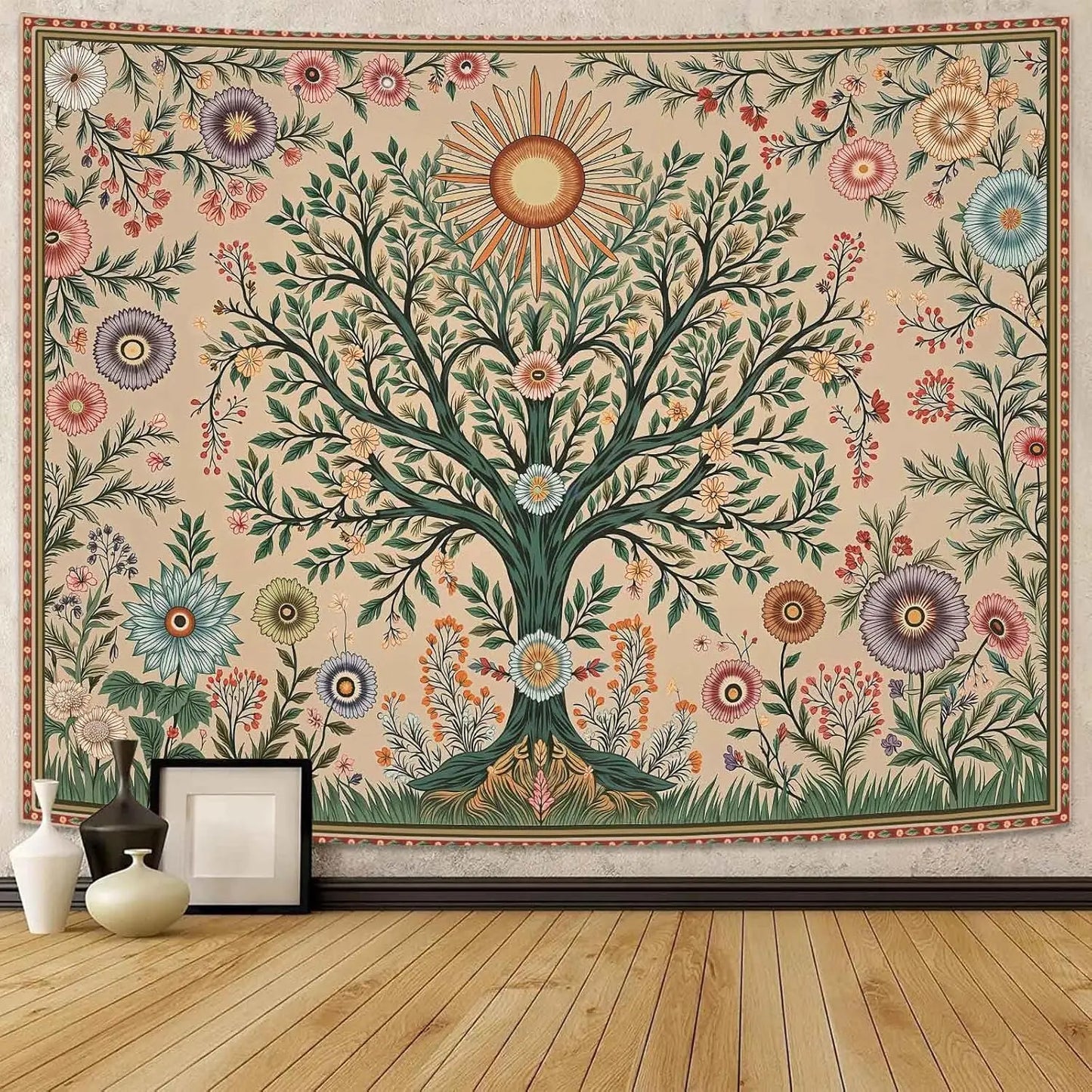 Chakra Tree Wall Tapestry Celestial Sun And Floral Boho Decor