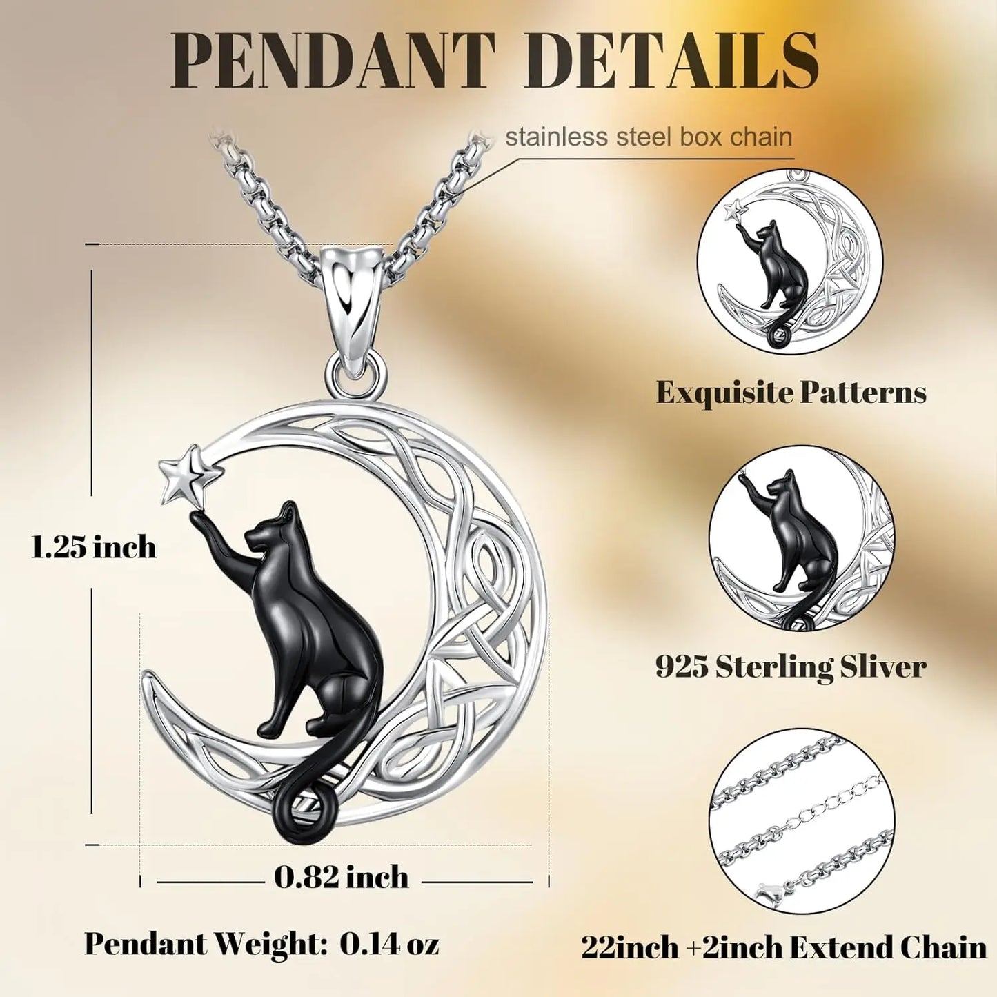DRINSPER Black Cat Celtic Knot Necklace 925 Sterling Silver Pendant
