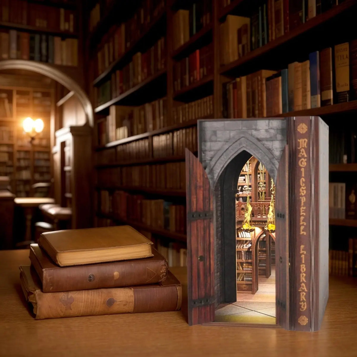 SHXI DIY Book Nook Kit With Flame Illusion Infinite Library