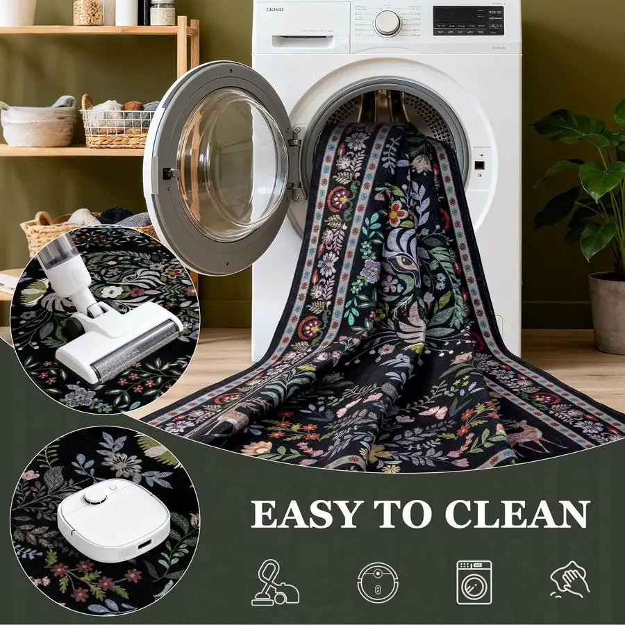 Boho Floral Living Room Rug, Washable, Stain Resistant, Non Slip