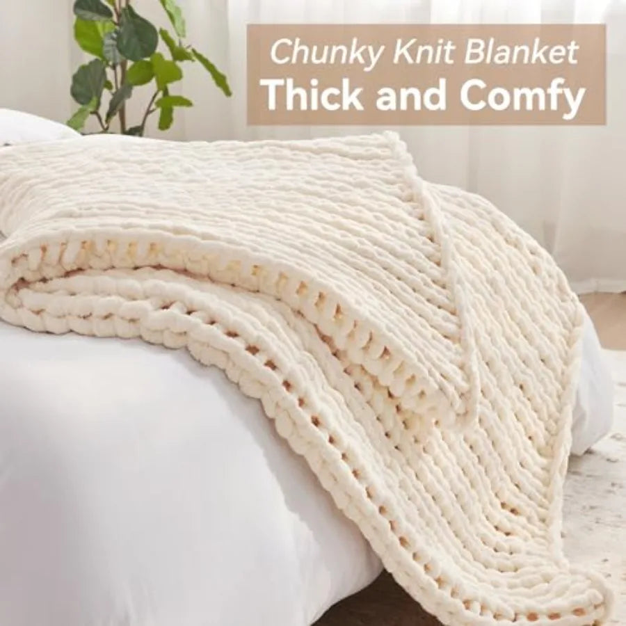 Chunky Knit Throw Blanket Chenille Yarn Handmade Cozy