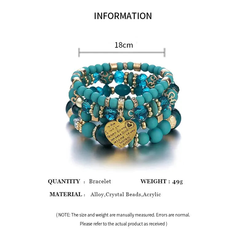 Women Boho Strand Bracelets Crystal Heart Letter Elastic Bangle Jewelry