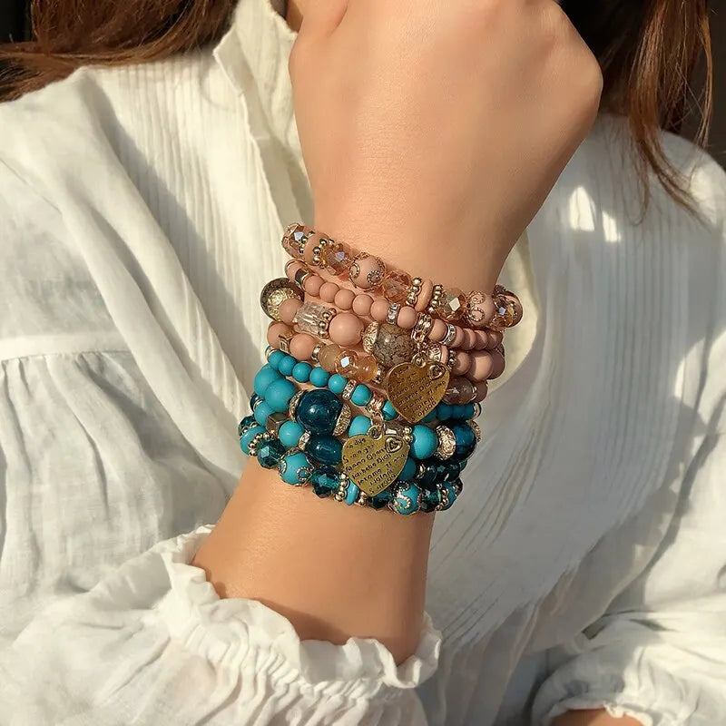 Women Boho Strand Bracelets Crystal Heart Letter Elastic Bangle Jewelry