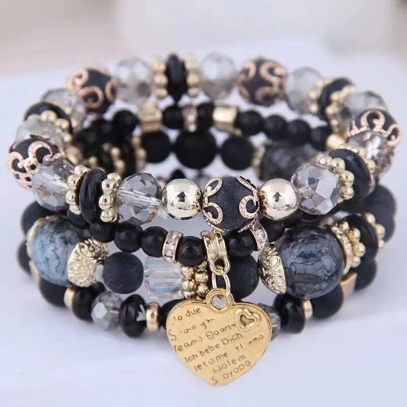 Women Boho Strand Bracelets Crystal Heart Letter Elastic Bangle Jewelry