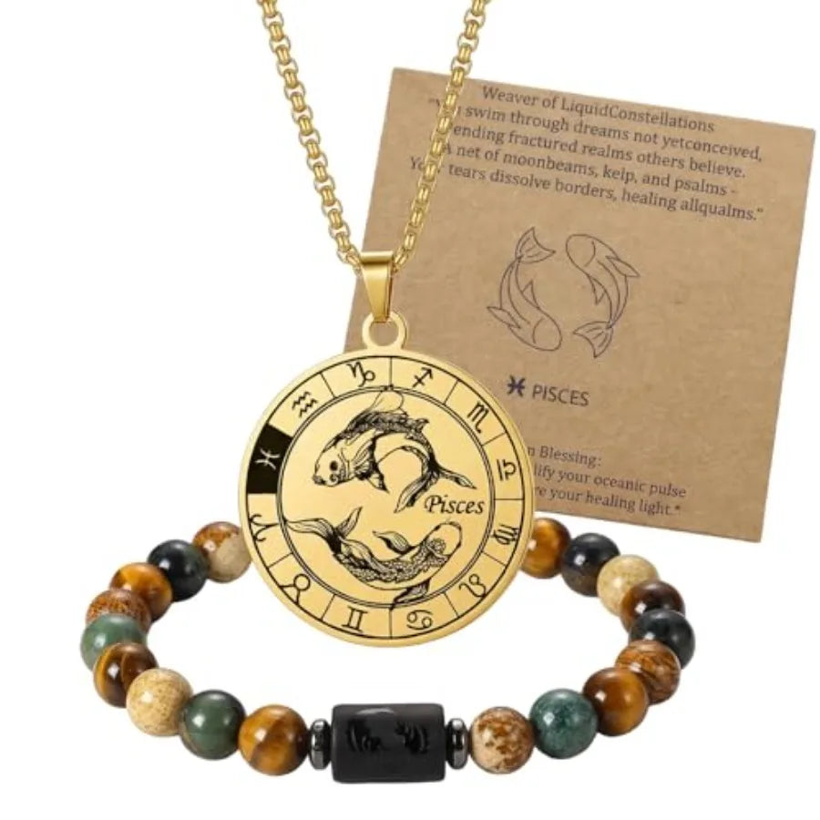 Zodiac Constellation Jewelry Set Stainless Steel Necklace and Stone Bracelet