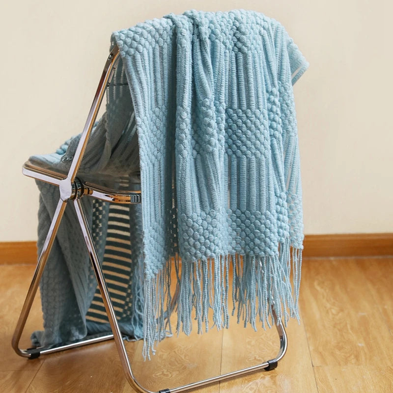 Knit Throw Blanket With Tassels All Acrylic Vintage Farmhouse