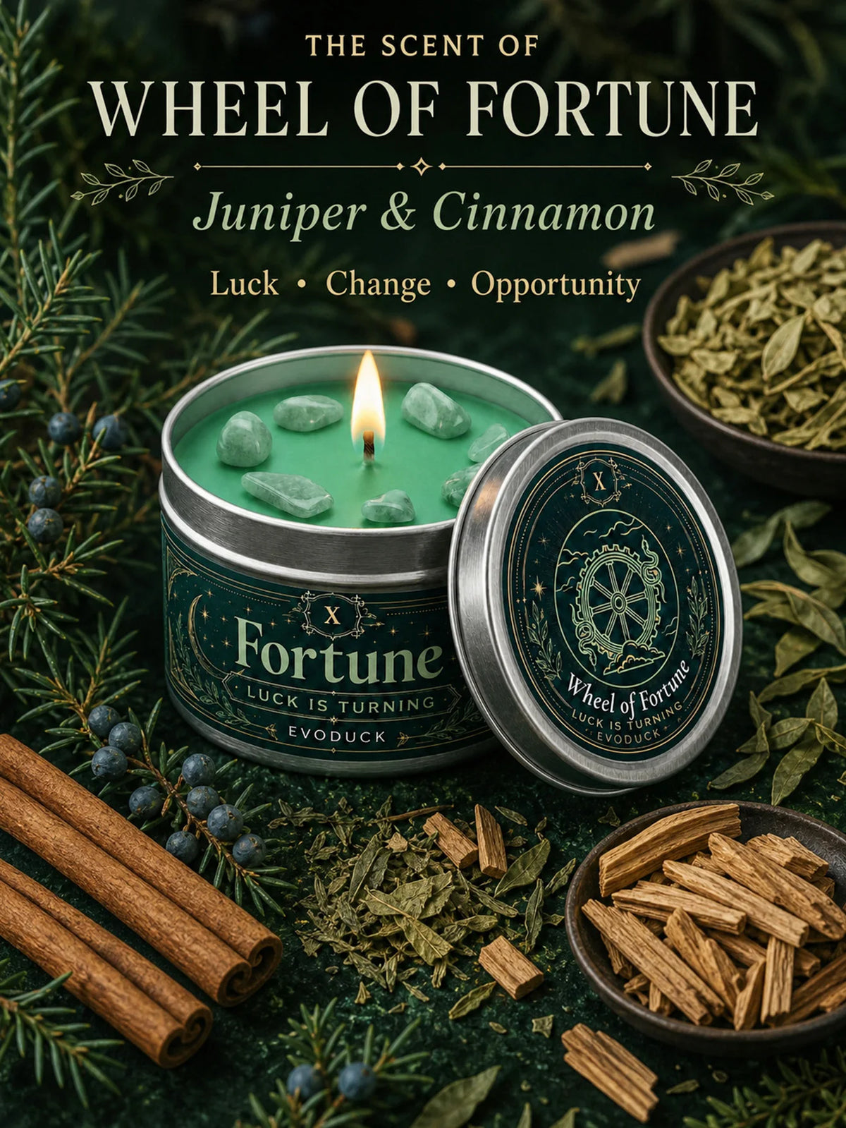 Evoduck Wheel of Fortune Tarot Candle with Crystals Spiritual Abundance